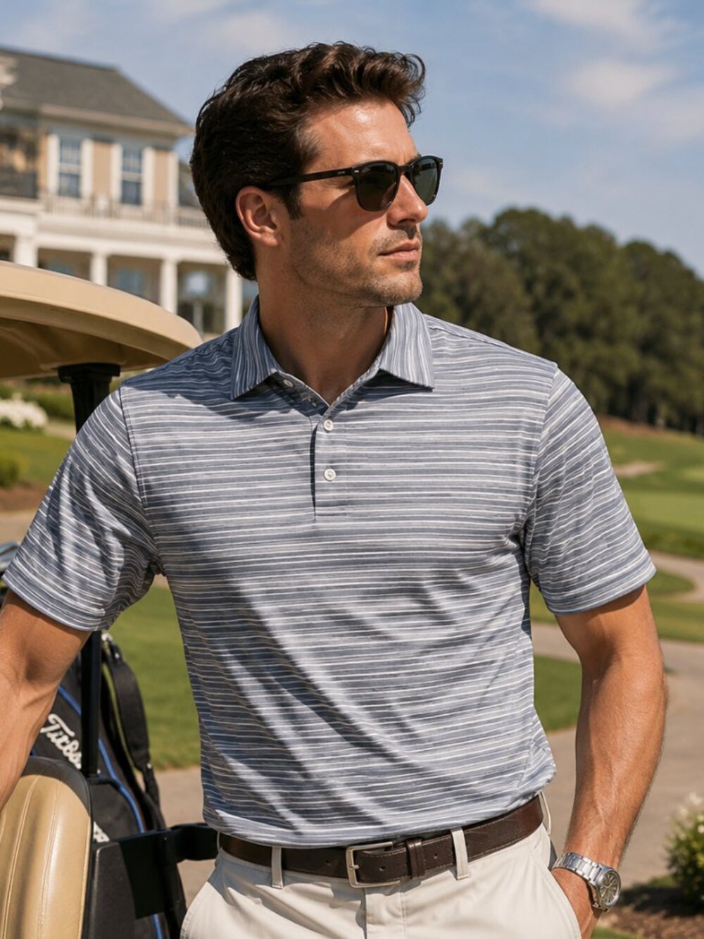 Nike Tiger Woods Collection Men Fit Dry Golf Polo Performance Shirt Gray Striped